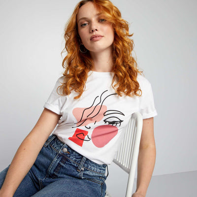 T-shirt en jersey imprim Blanc 'visage'