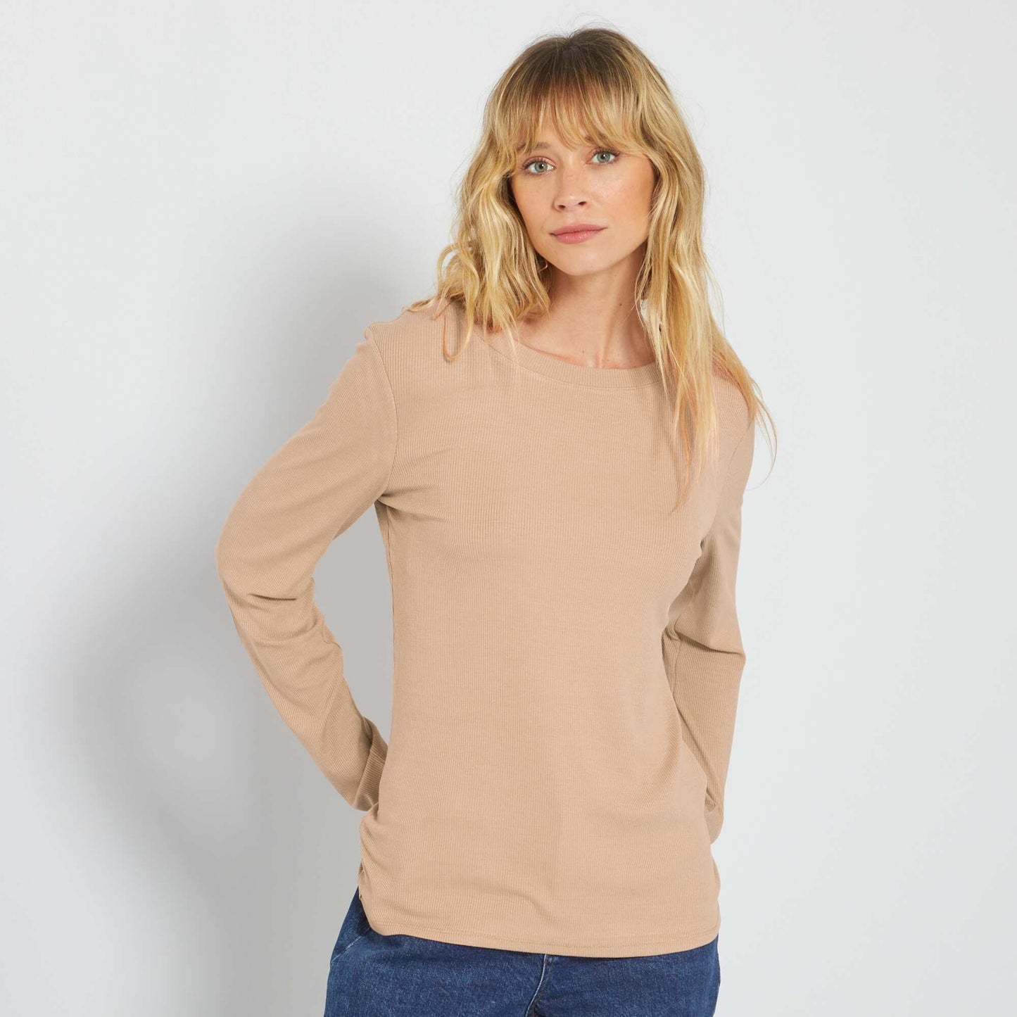 T-shirt en maille c tel e stretch Beige