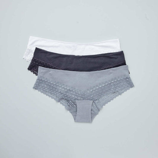 Lot de 3 shorties coton dentelle bleu gris /blanc/gris fonc