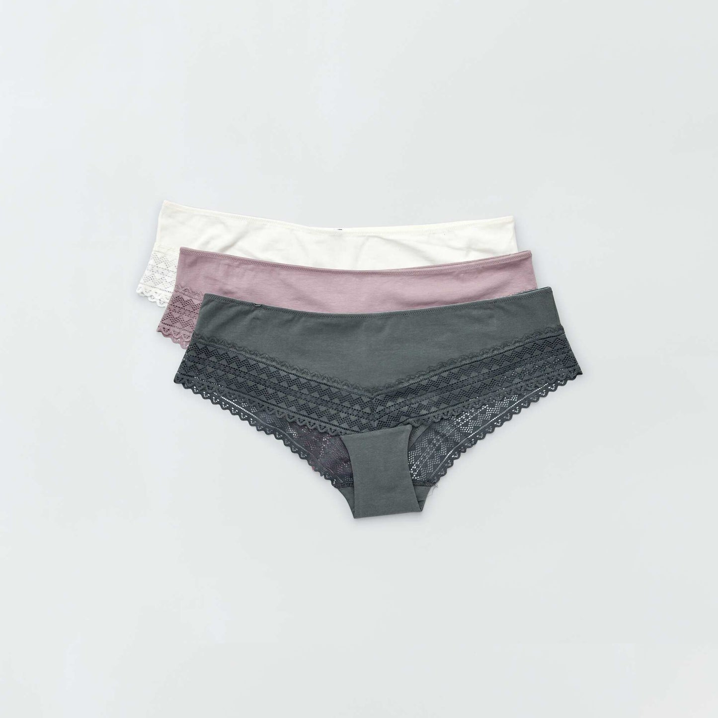 Lot de 3 shorties coton dentelle rose gris / cru/vert