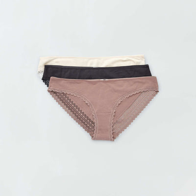 Lot de 3 culottes coton dentelle cru/vieux rose/gris fonc