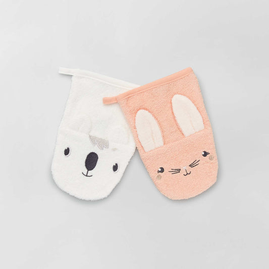 Lot de 2 gants de toilette 'animaux' rose/blanc