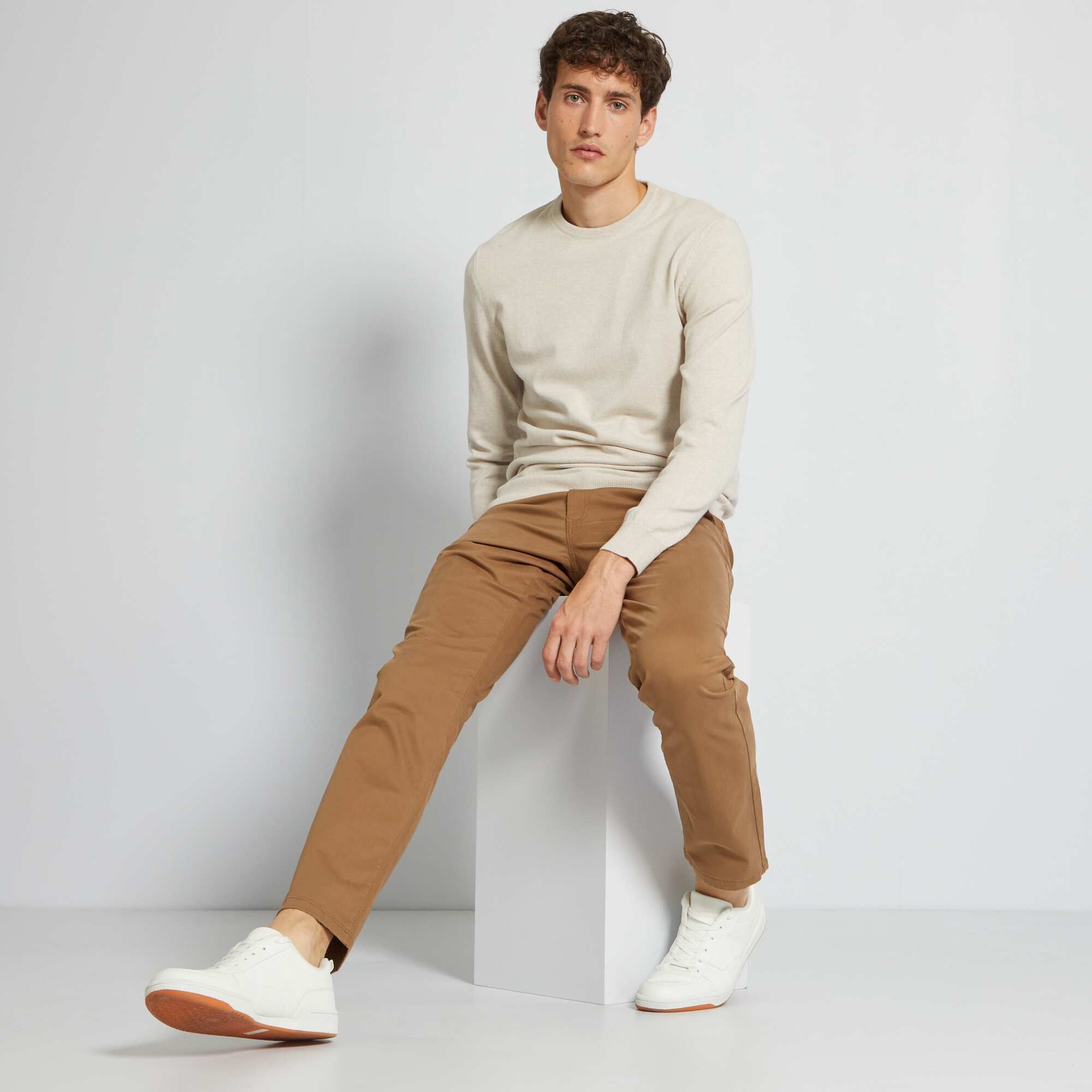 Pull uni col rond Beige – Kiabi Algérie