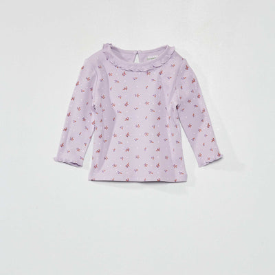 T-shirt en maille c tel e col volant Violet