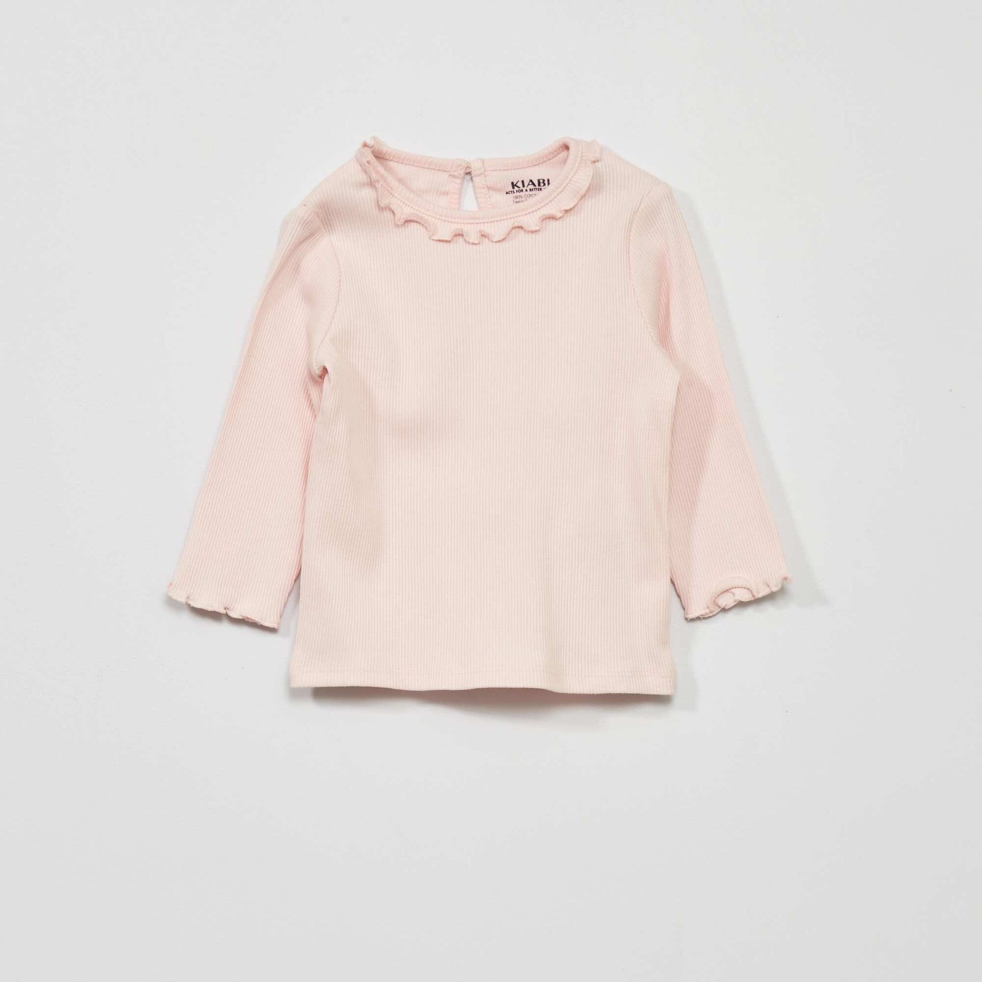 T-shirt en maille c tel e col volant rose