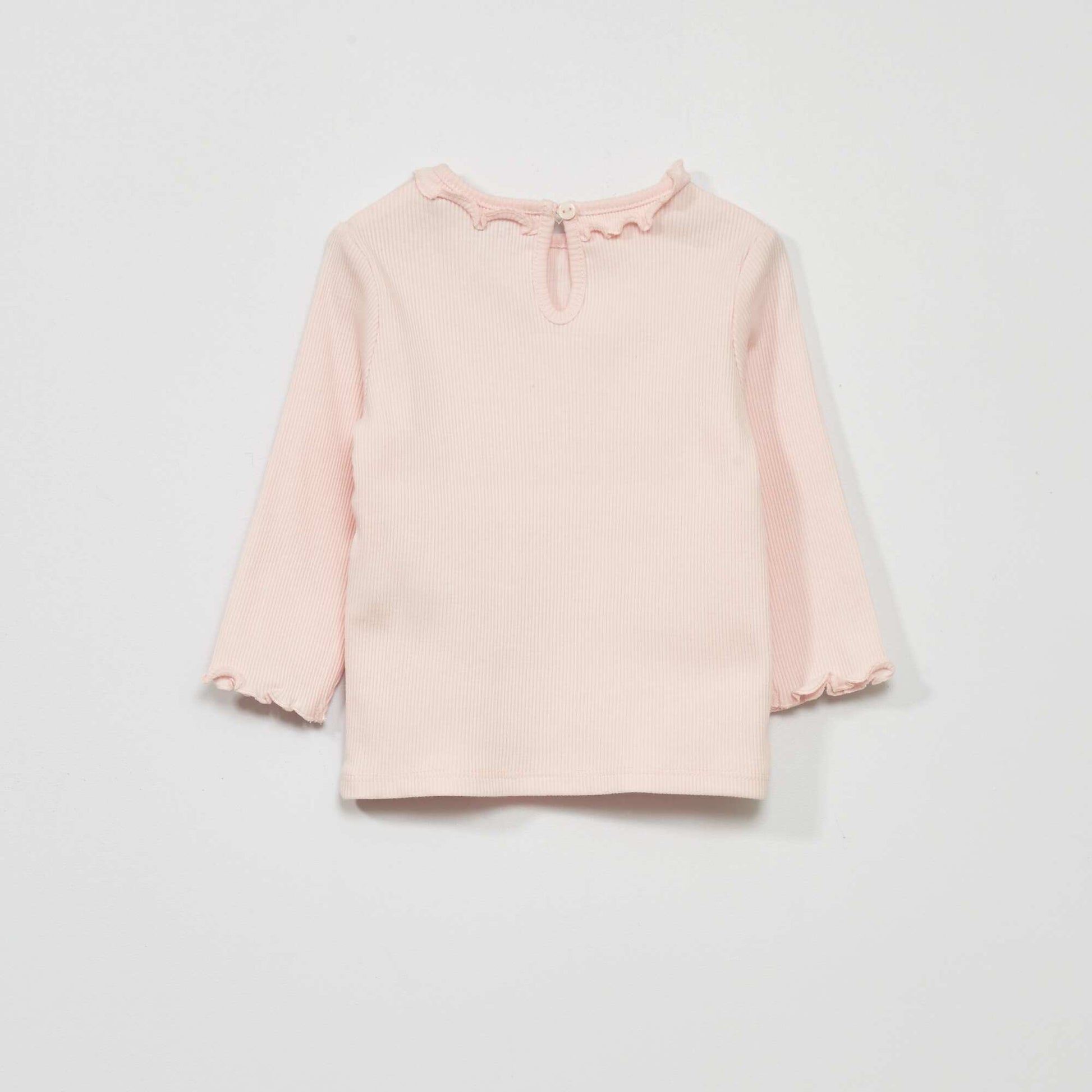 T-shirt en maille c tel e col volant rose