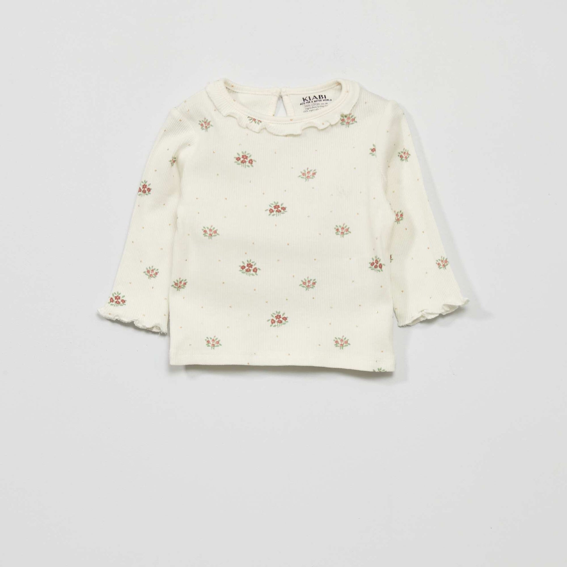 T-shirt en maille c tel e col volant Blanc