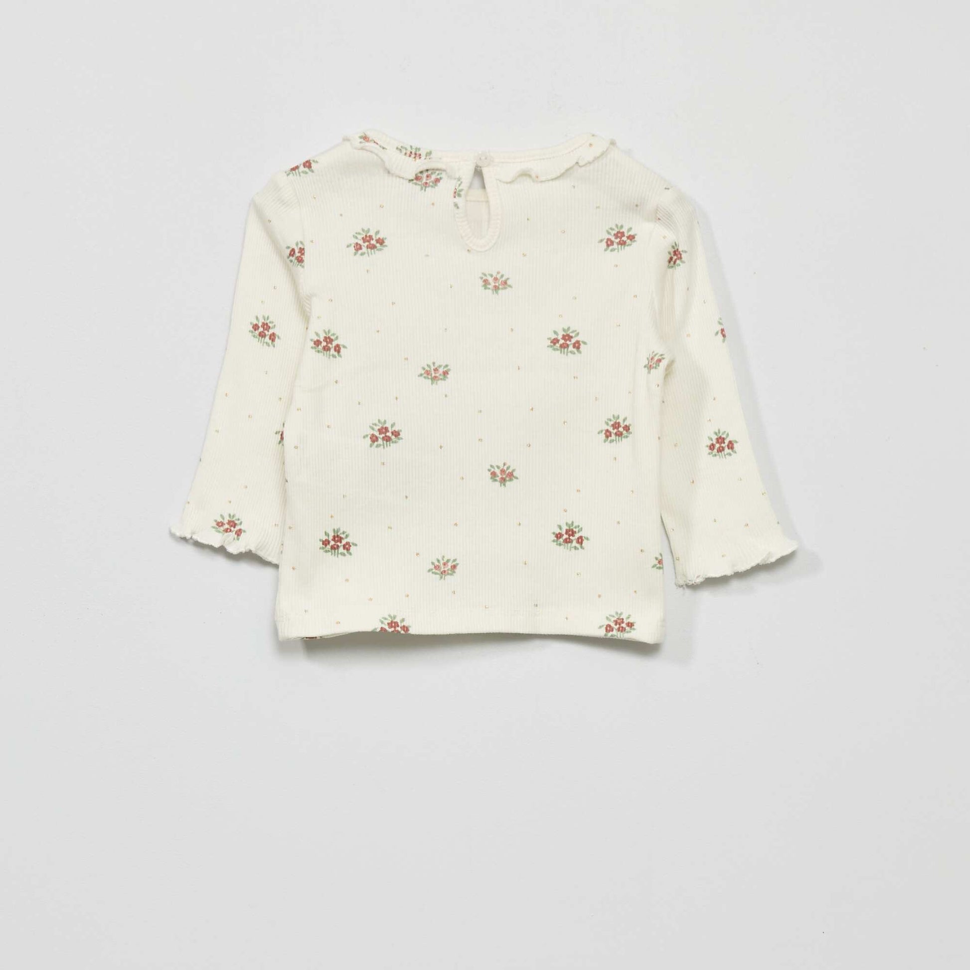 T-shirt en maille c tel e col volant Blanc