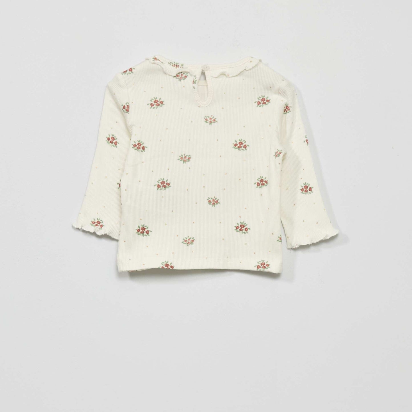 T-shirt en maille c tel e col volant Blanc