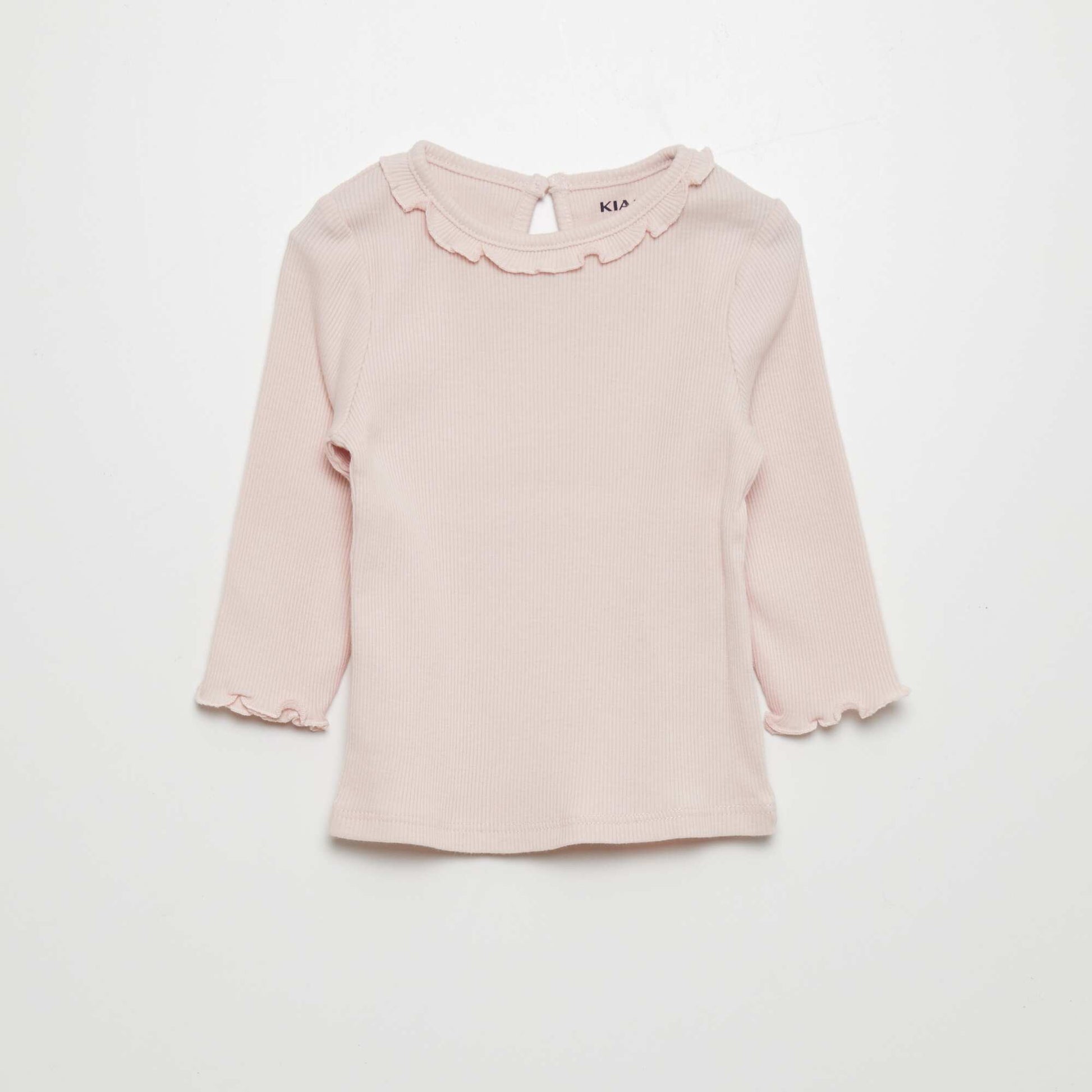 T-shirt en maille côtelée col volanté Rose