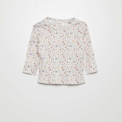 T-shirt en maille côtelée col volanté Blanc fleuri