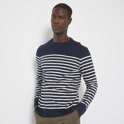 T-shirt rayures manches longues Marine/ cru