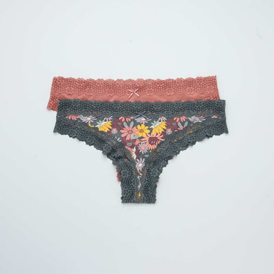 Lot de 2 tangas microfibre vert fleurs/rose