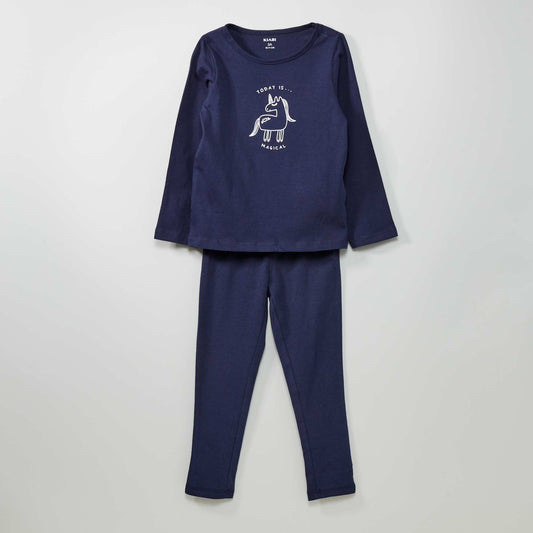 Pyjama long imprimé en coton 2 pièces Bleu marine