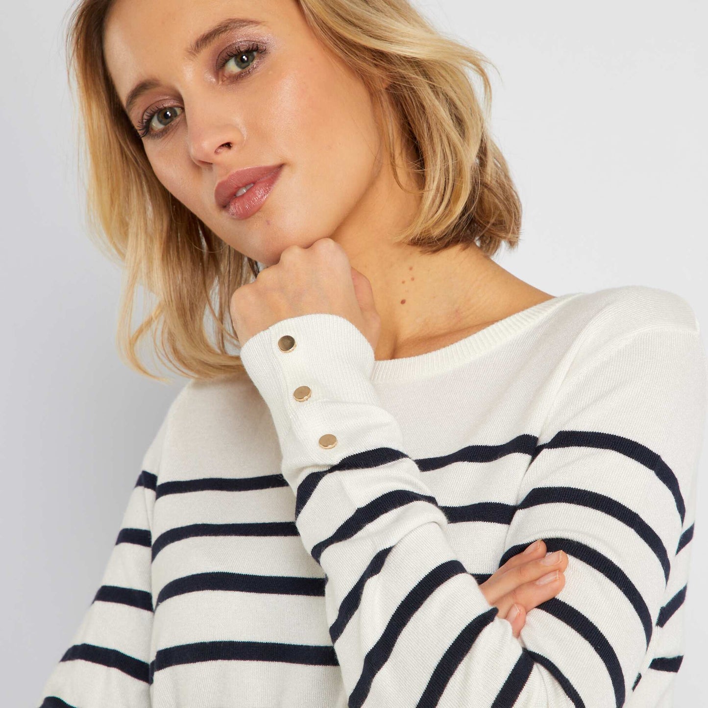 Pull col rond   rayures Blanc