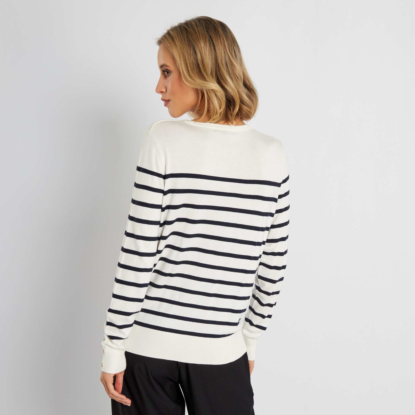 Pull col rond   rayures Blanc