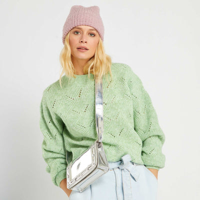 Pull chaud en maille chin e et ajour e vert iris