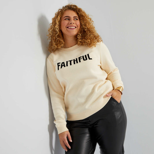 Sweat col rond imprim 'Faithule' Ecru