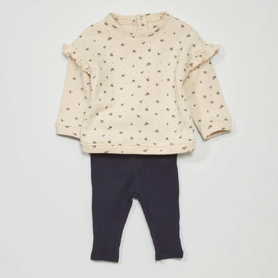 Ensemble sweat en molleton + legging - 2 pi ces Ecru/marine