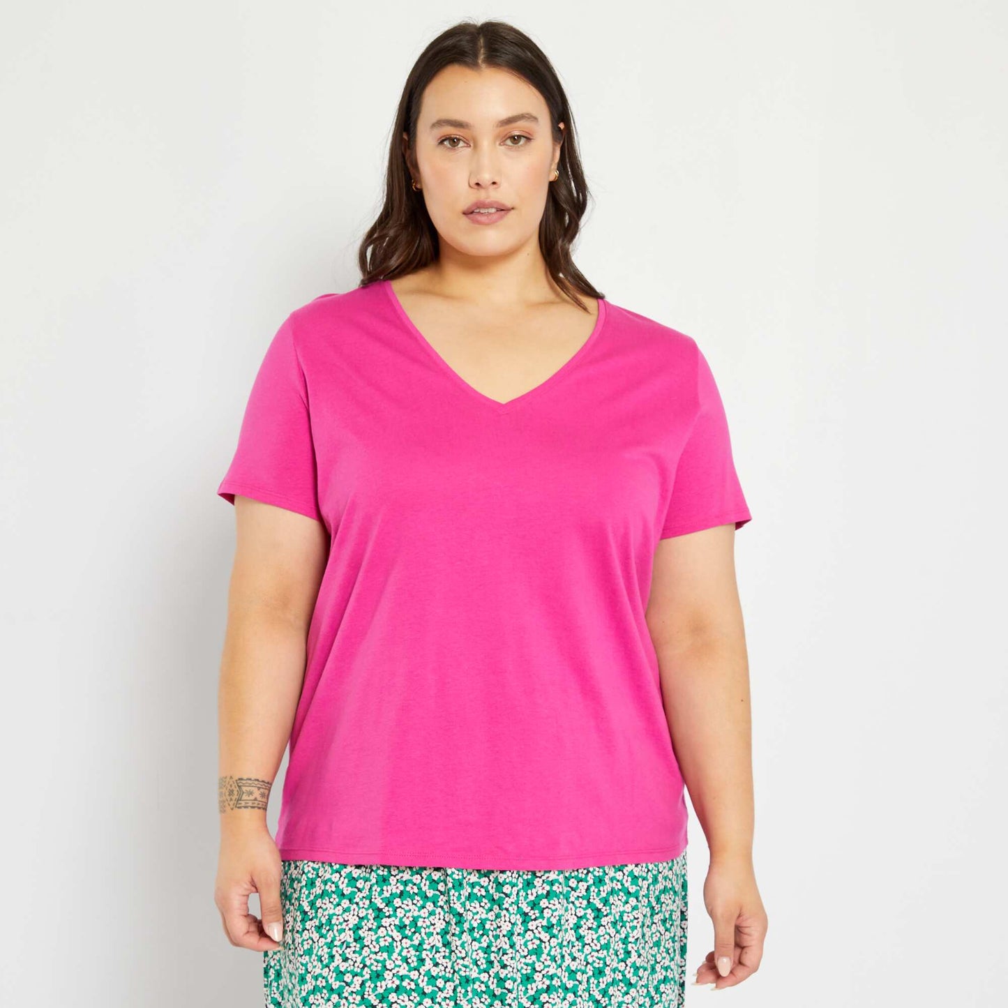 T-shirt en jersey col V Rose