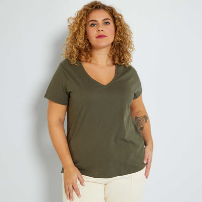 T-shirt en jersey col V Kaki