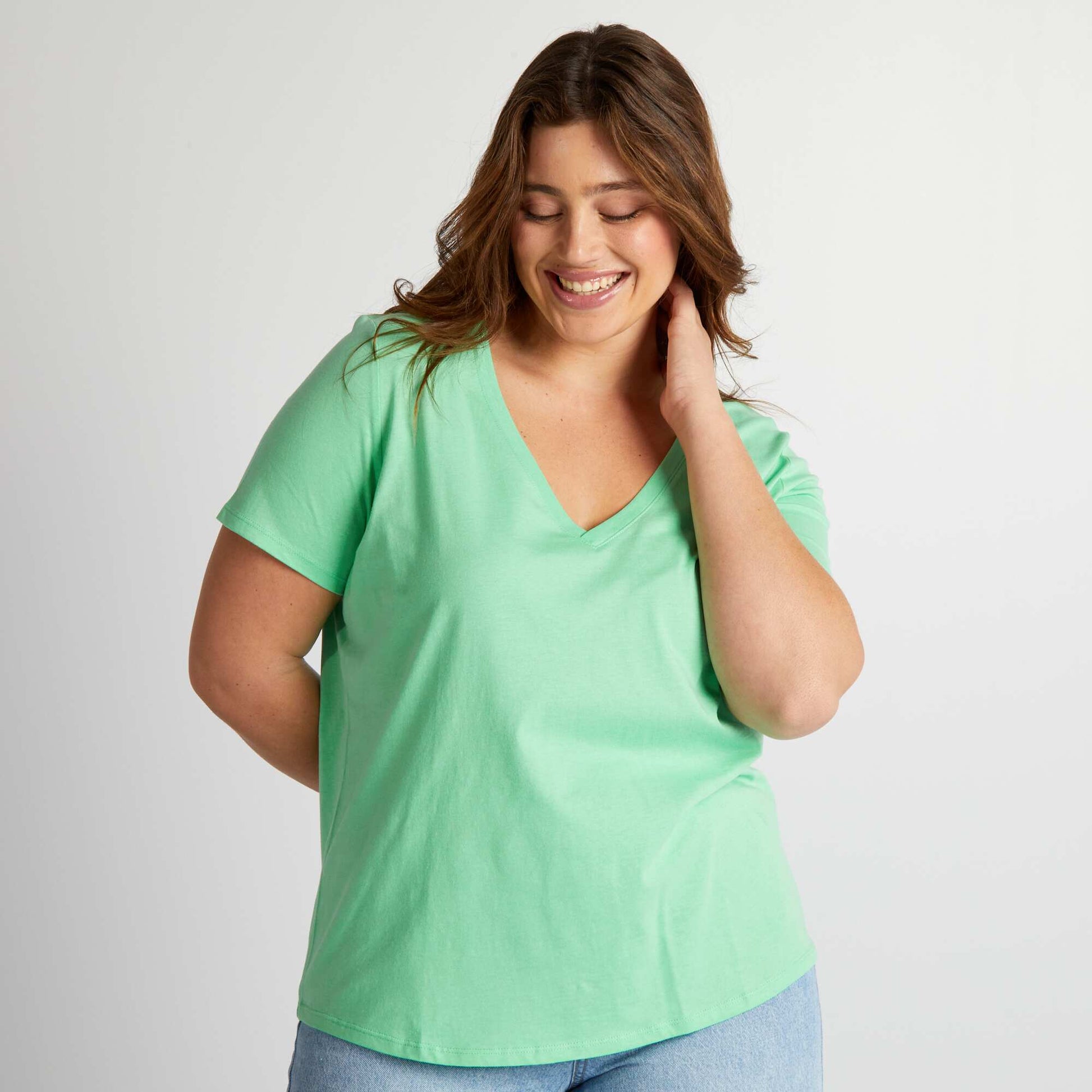T-shirt en jersey à col V Vert menthe