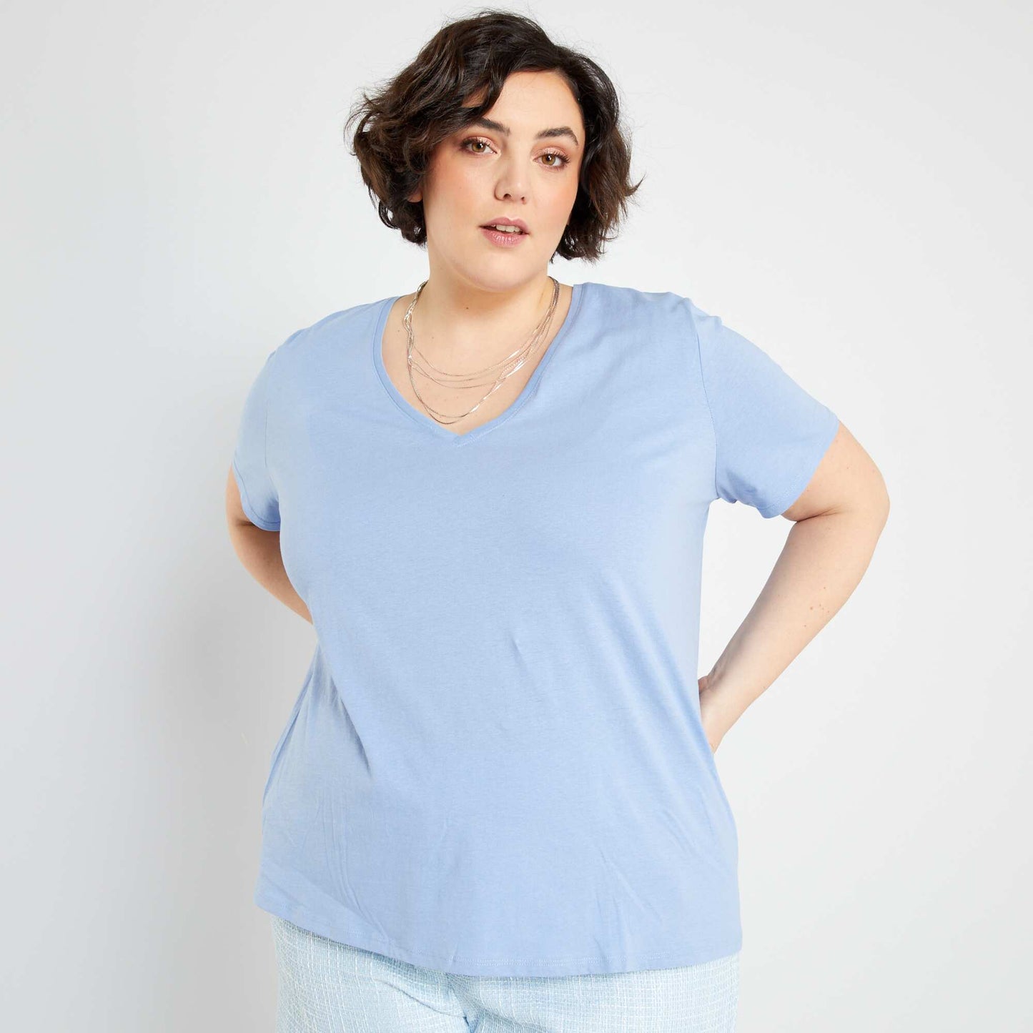 T-shirt en jersey col V Bleu p le