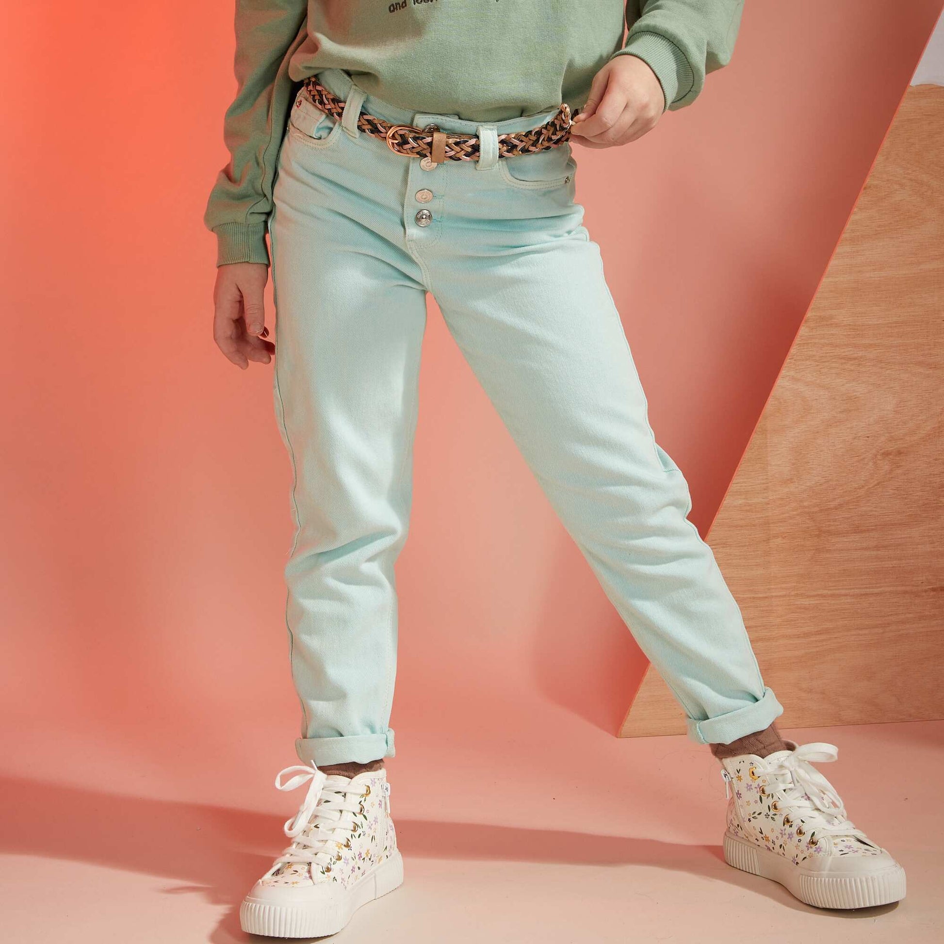 Pantalon denim coupe mom Vert d'eau