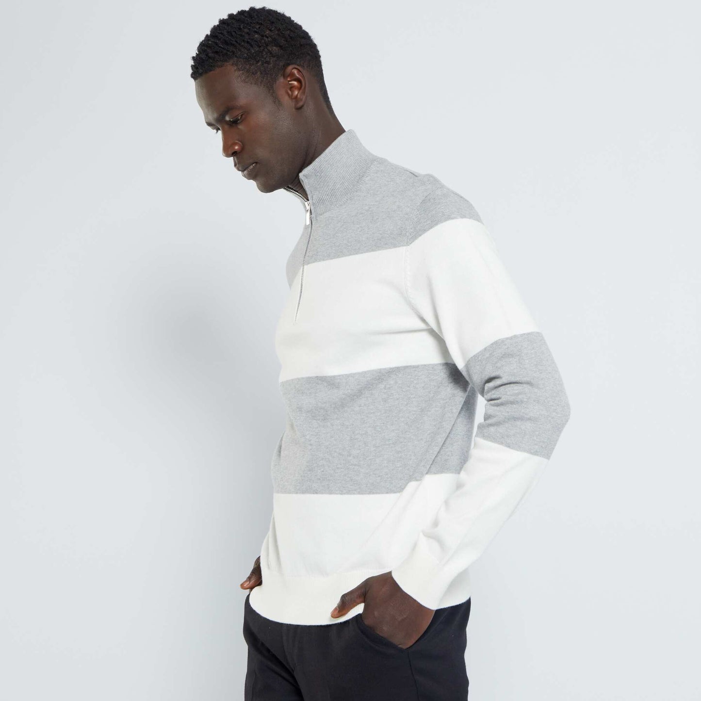 Pull ray col camionneur Gris/blanc