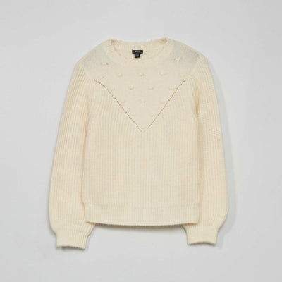 Pull maille fantaisie avec pompons Beige