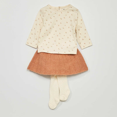 Ensemble t-shirt + jupe + collant Blanc/marron