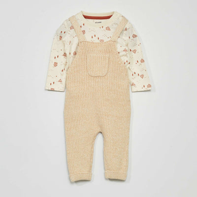 Ensemble salopette en tricot + t-shirt Ecru/beige