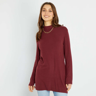 Tee-shirt rib et col chemin e Marron
