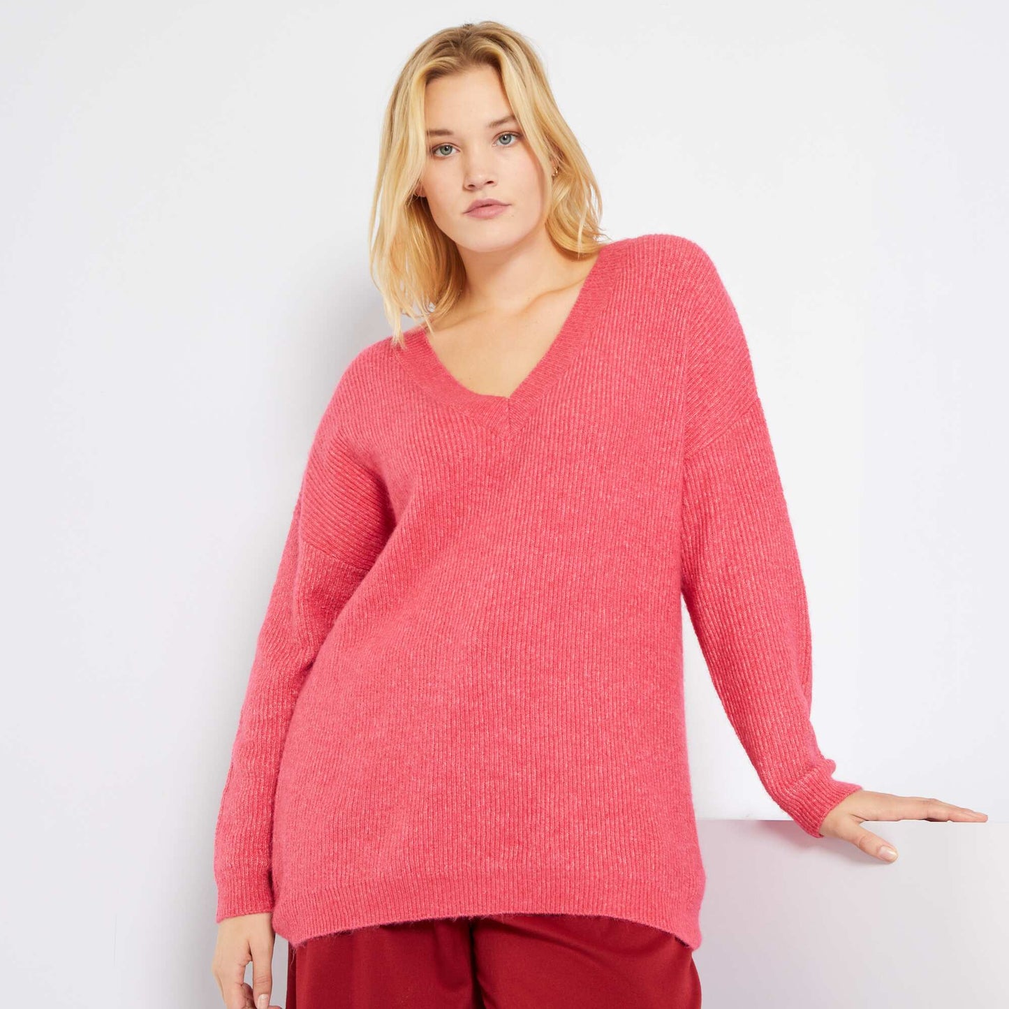 Pull col V en maille tricot Rose