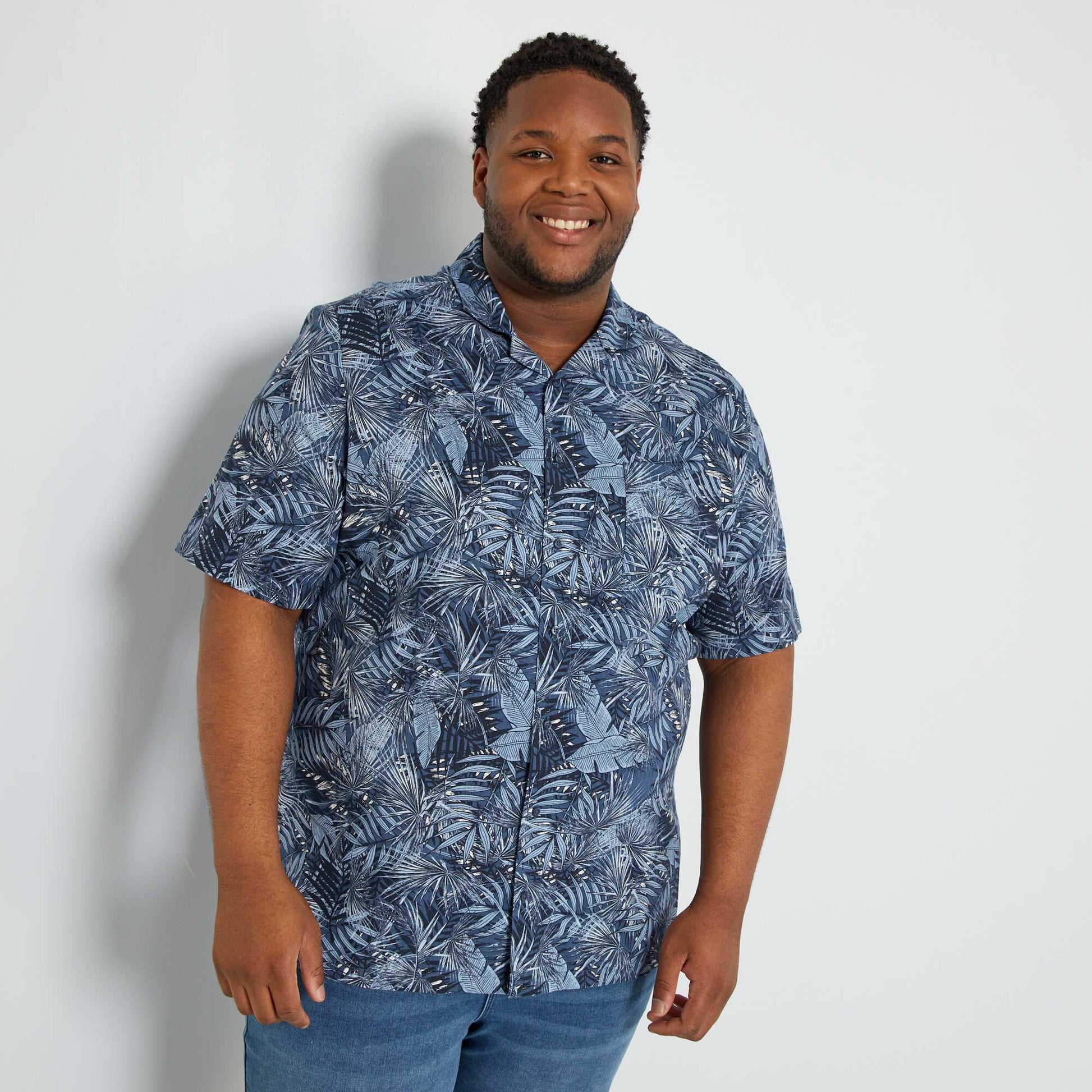 Chemise manches courtes rayures Bleu fleuri