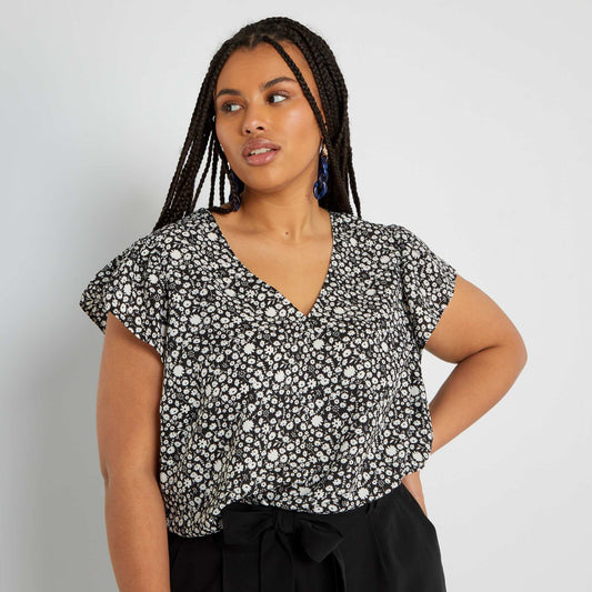 Blouse col V avec imprim Noir/blanc fleuri