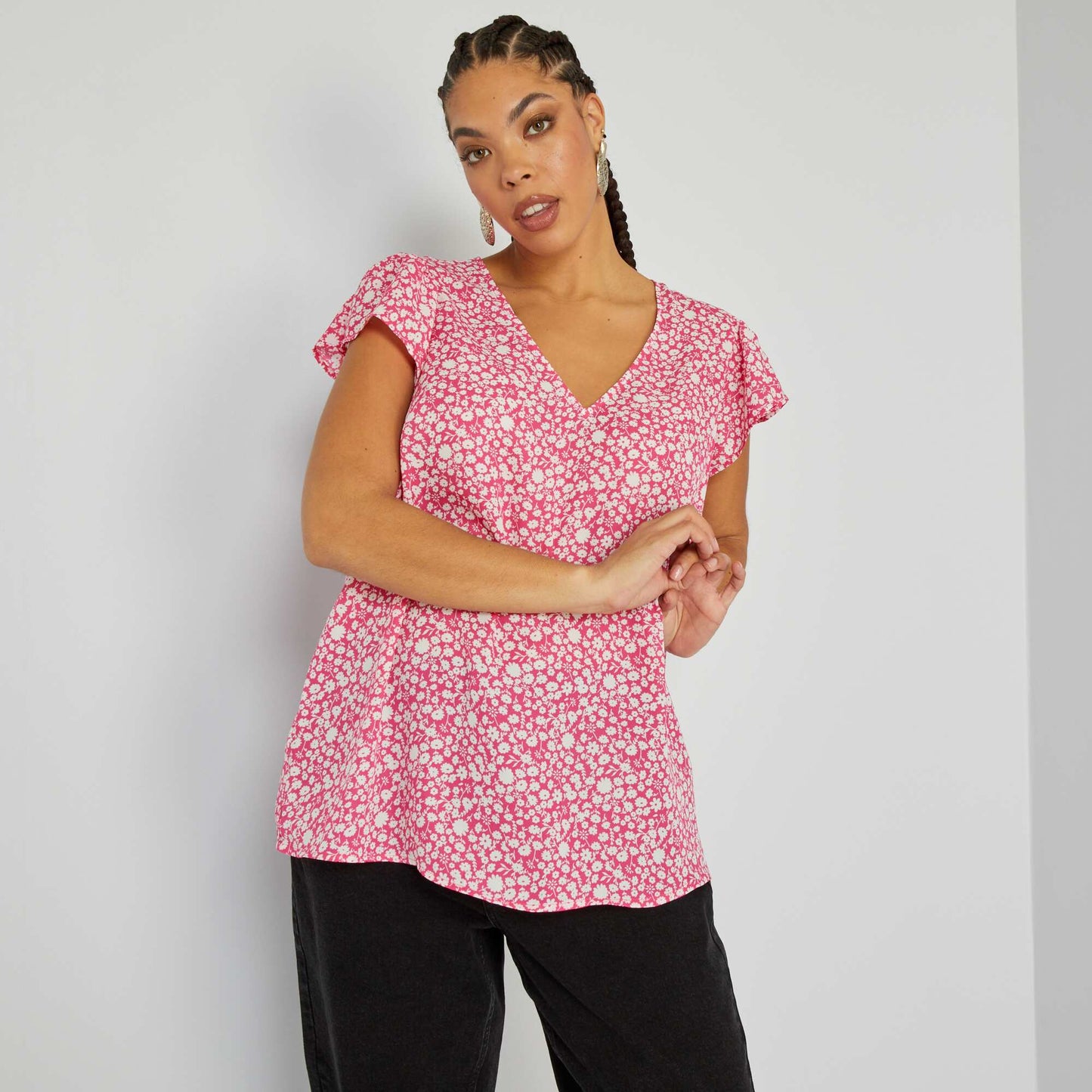 Blouse col V avec imprim Rose