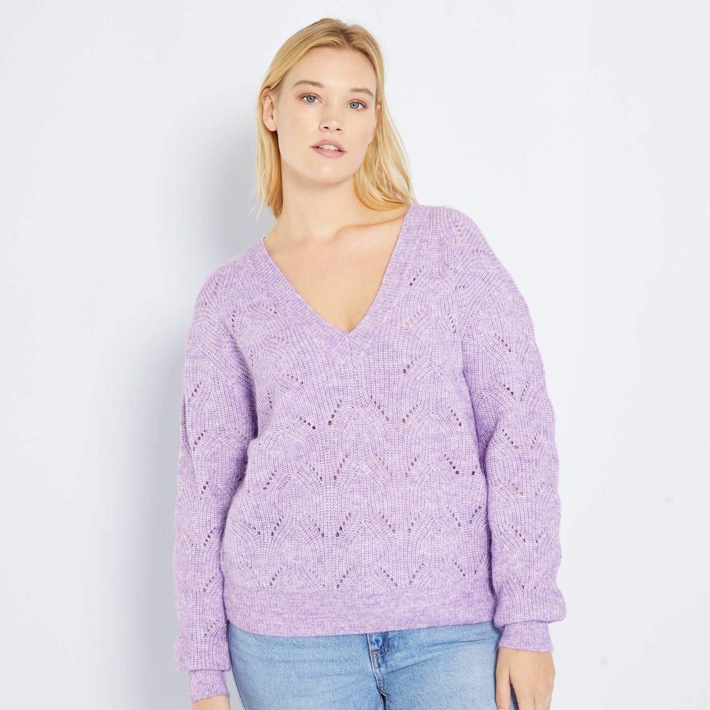 Pull col V en maille ajour e Violet