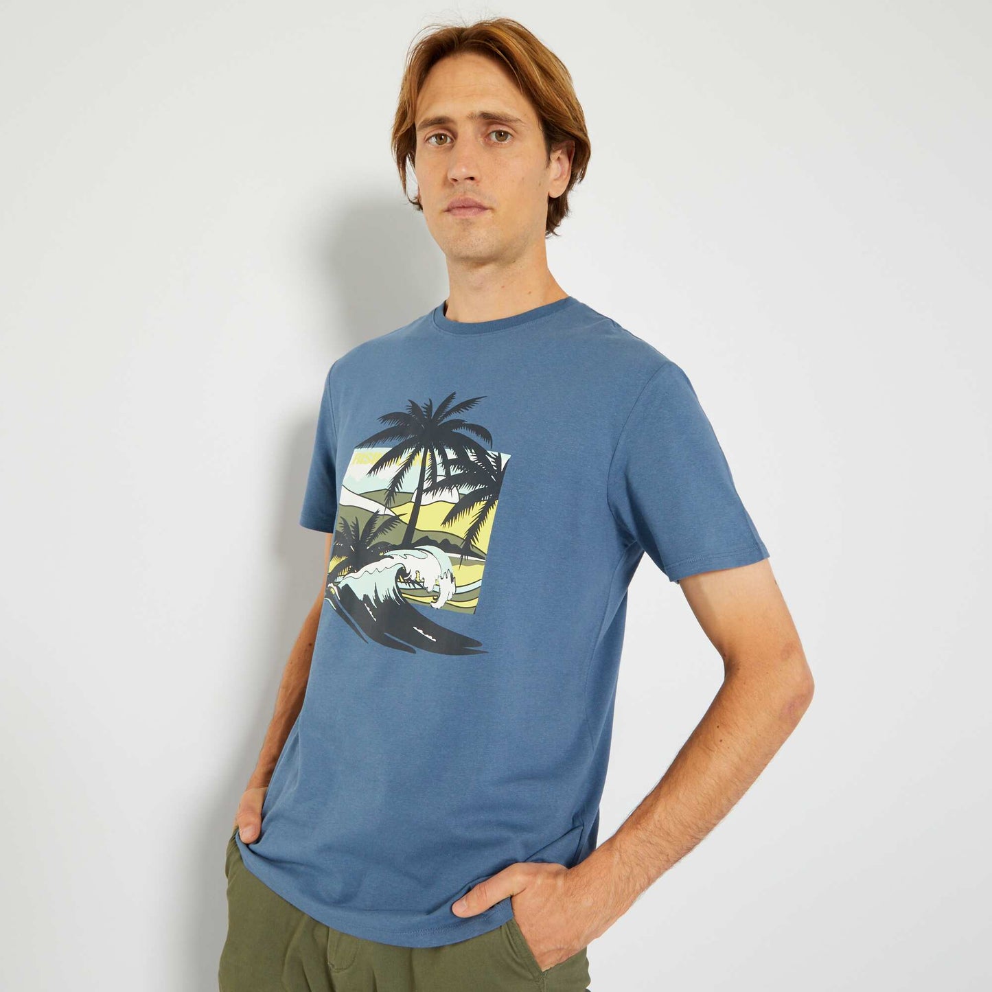 T-shirt imprim fantaisie col rond Bleu