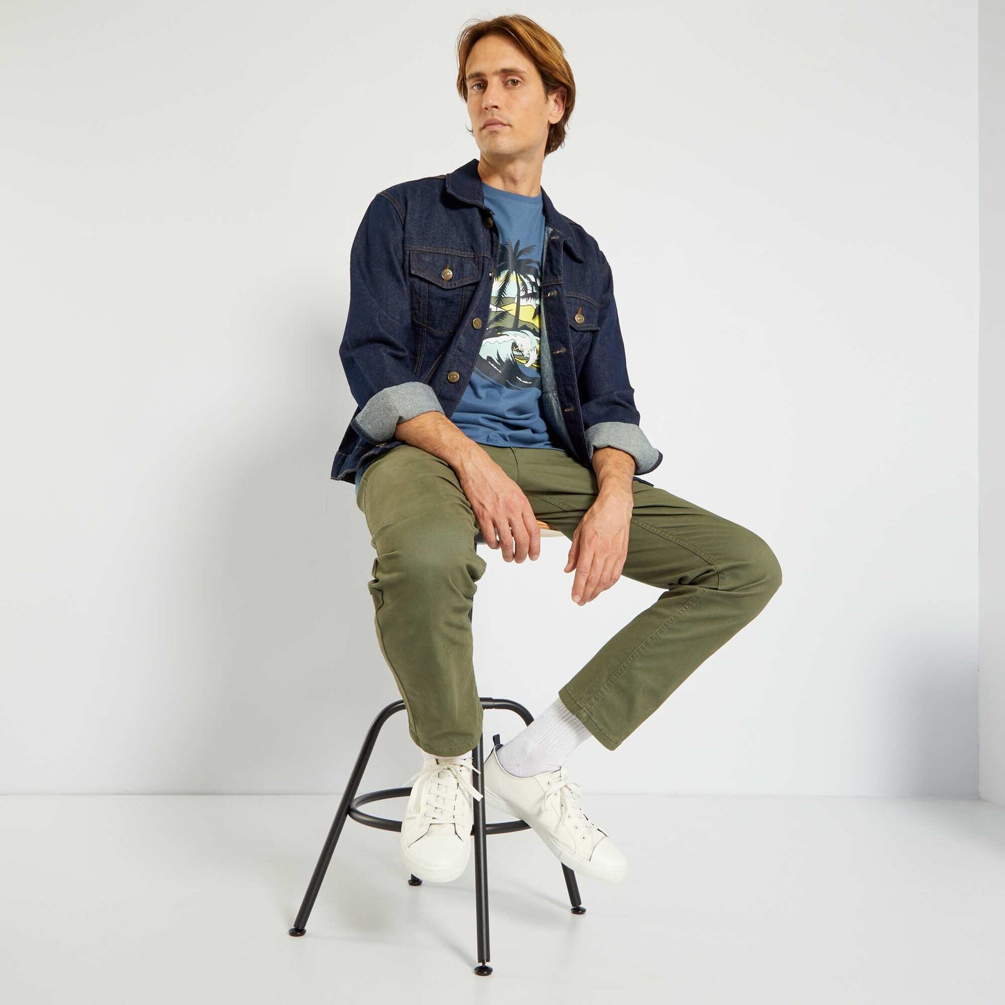 T-shirt imprim fantaisie col rond Bleu