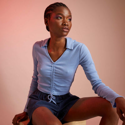 T-shirt col polo en maille c tel e Bleu