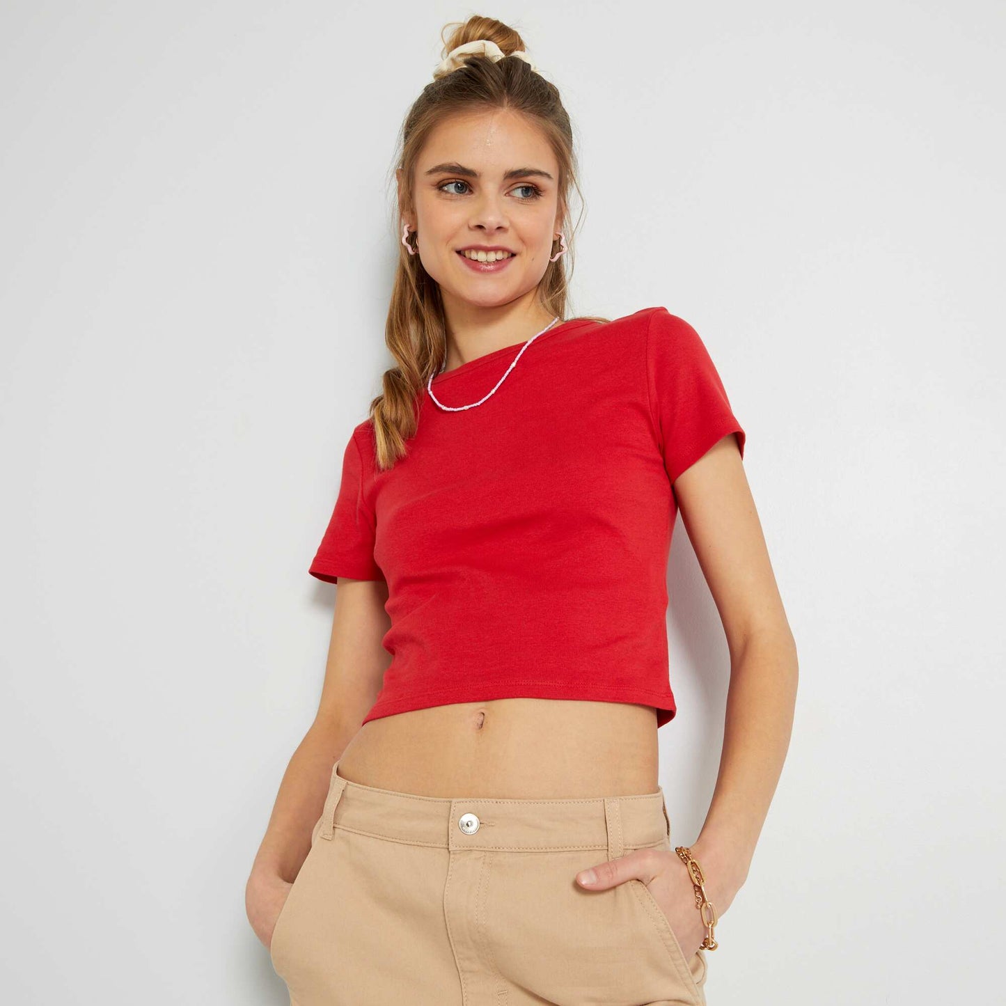 Crop-top en jersey uni Rouge