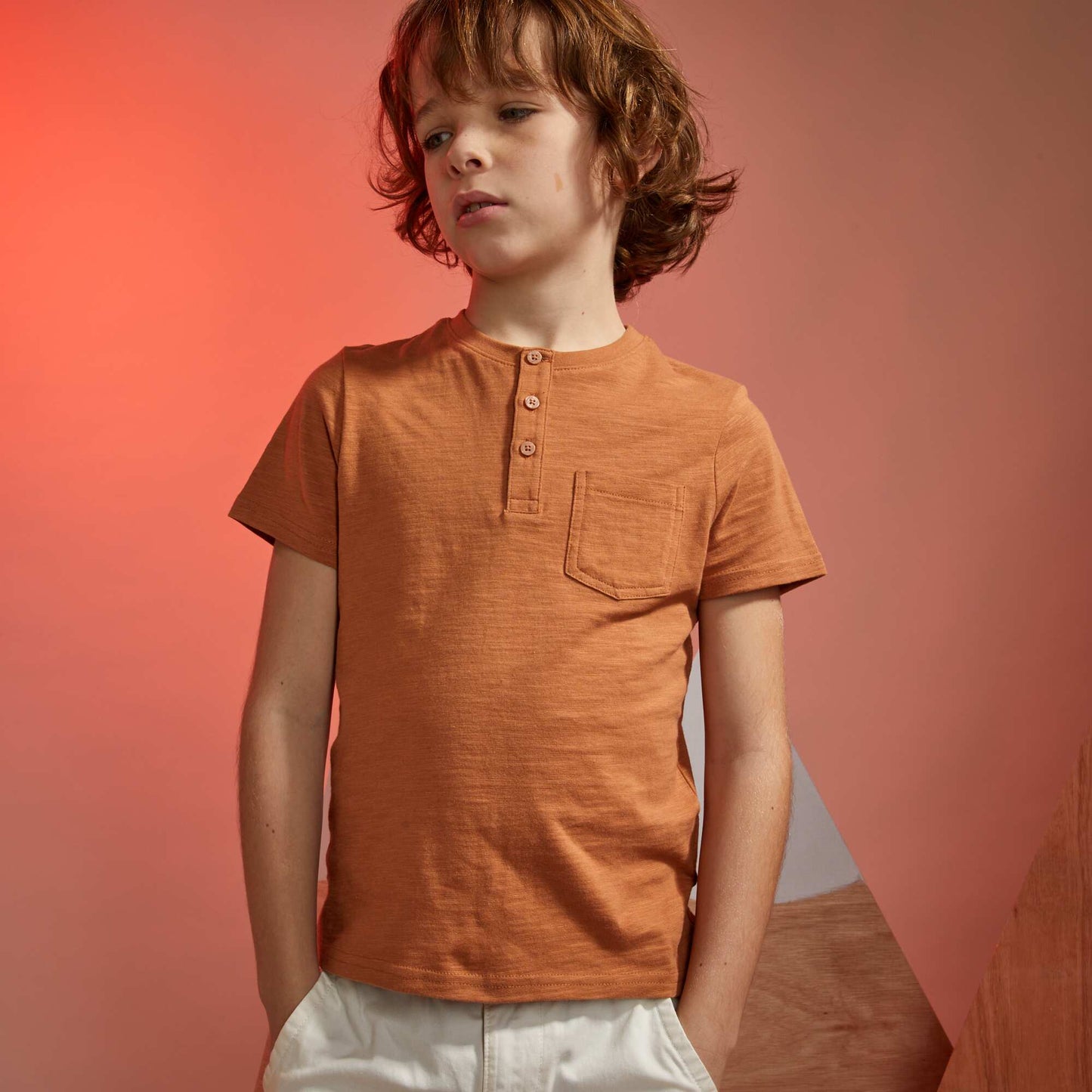 T-shirt uni col tunisien Marron