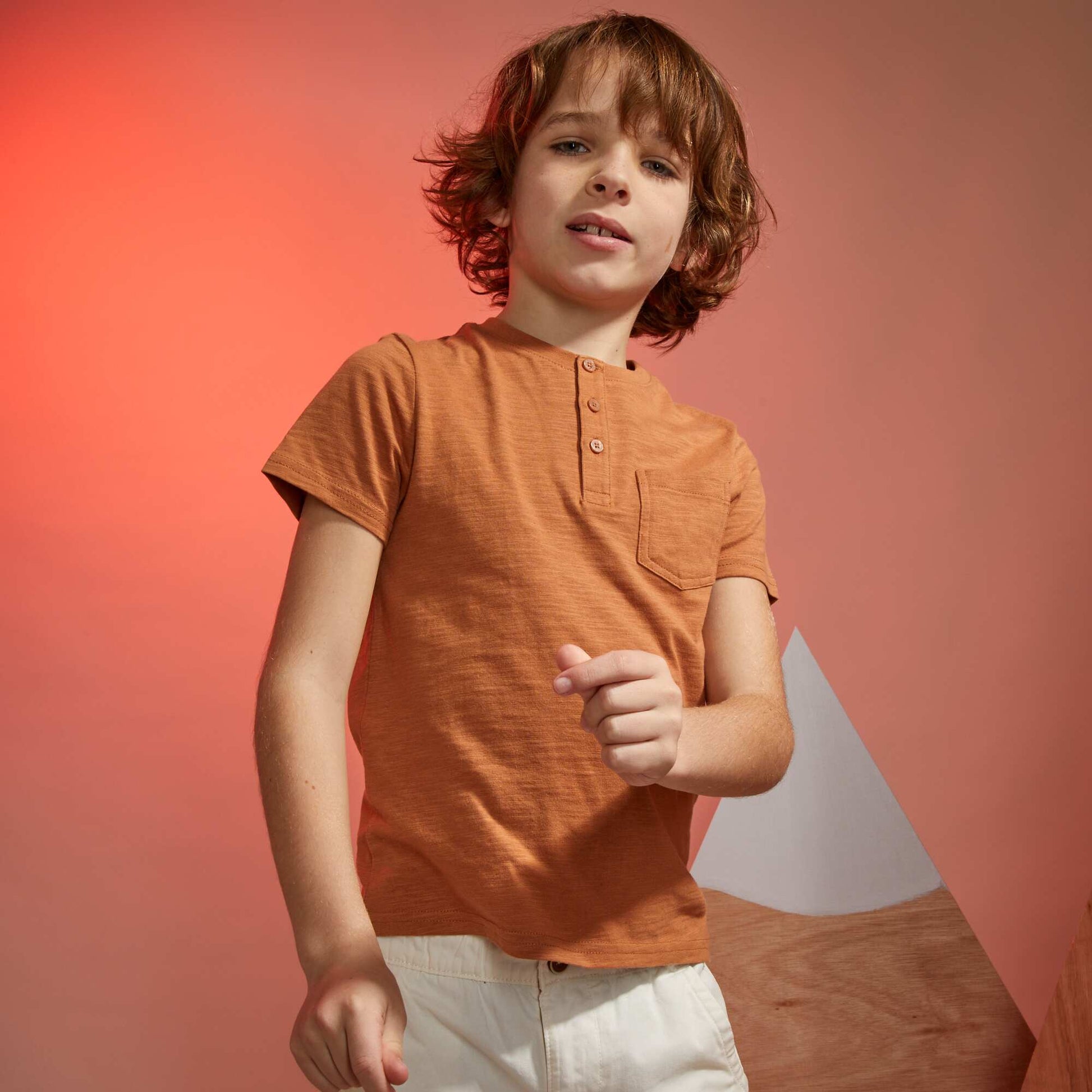 T-shirt uni col tunisien Marron