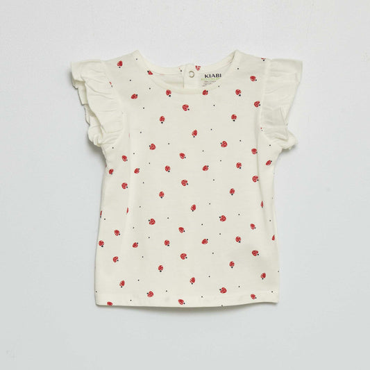 Tee-shirt manches volant es Blanc fraise