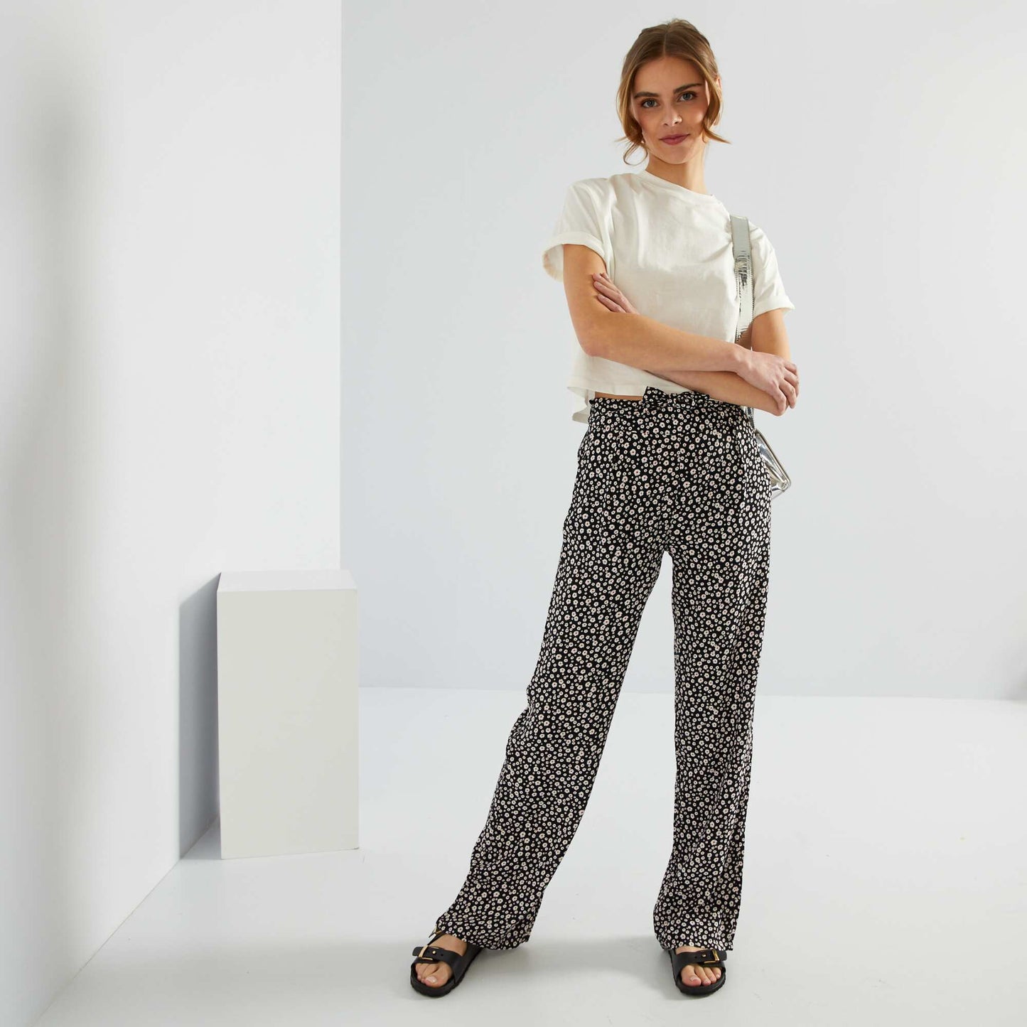 Pantalon large cropped motifs Noir