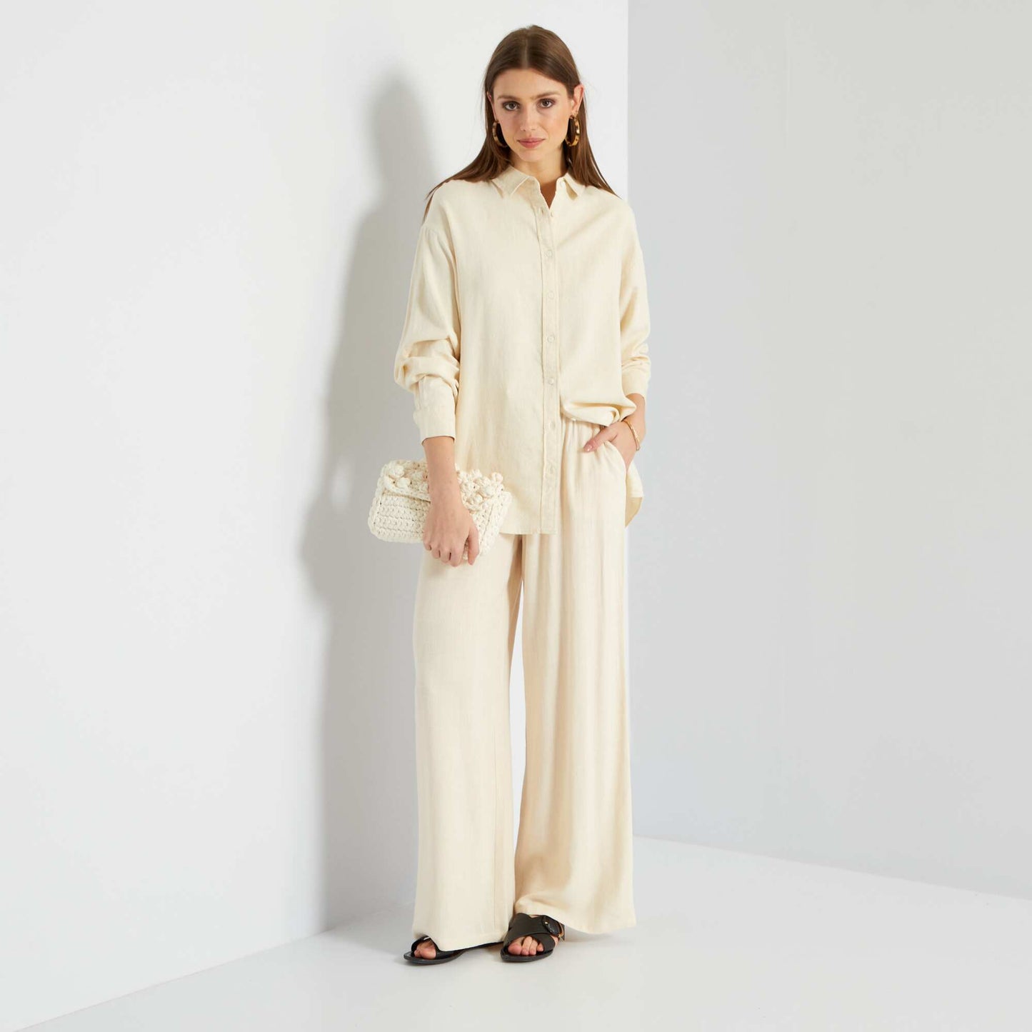 Chemise longue en lin unie beige