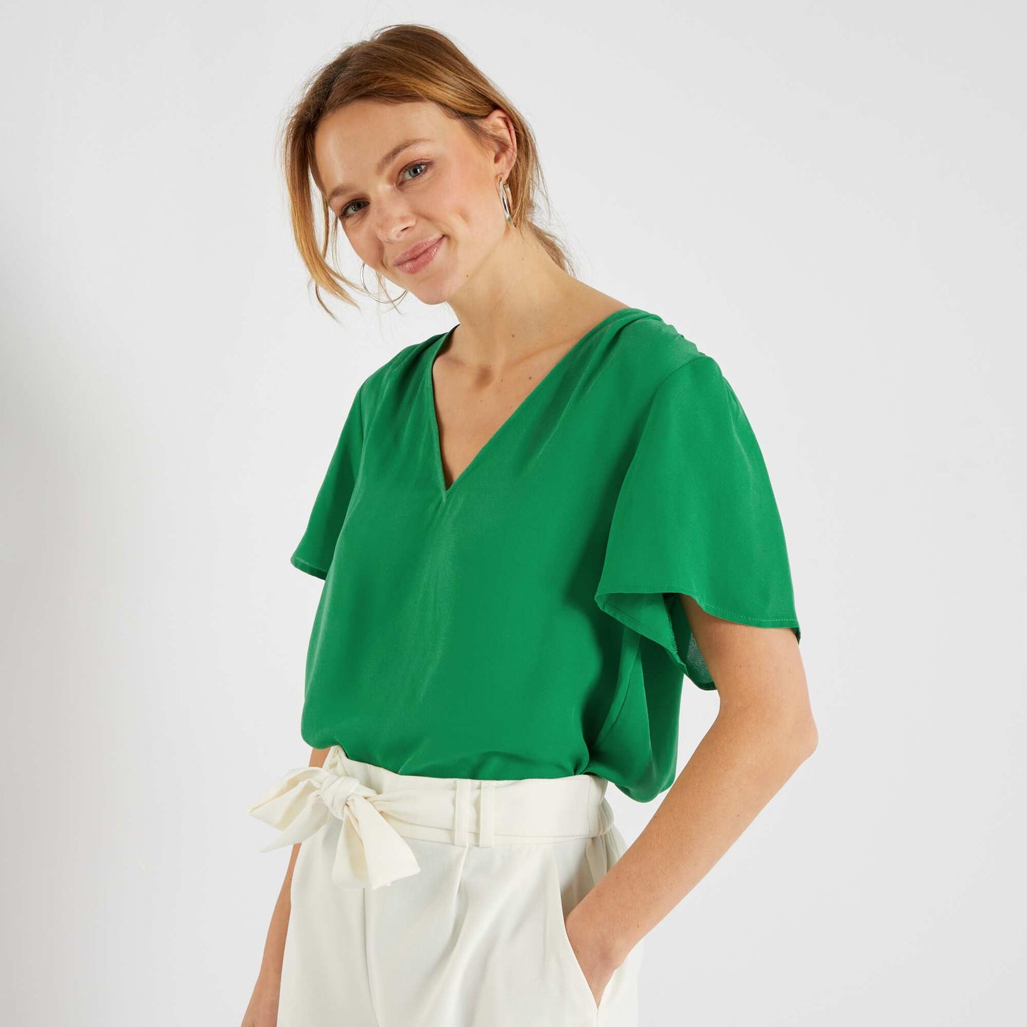 Blouse fluide et l g re col V vert