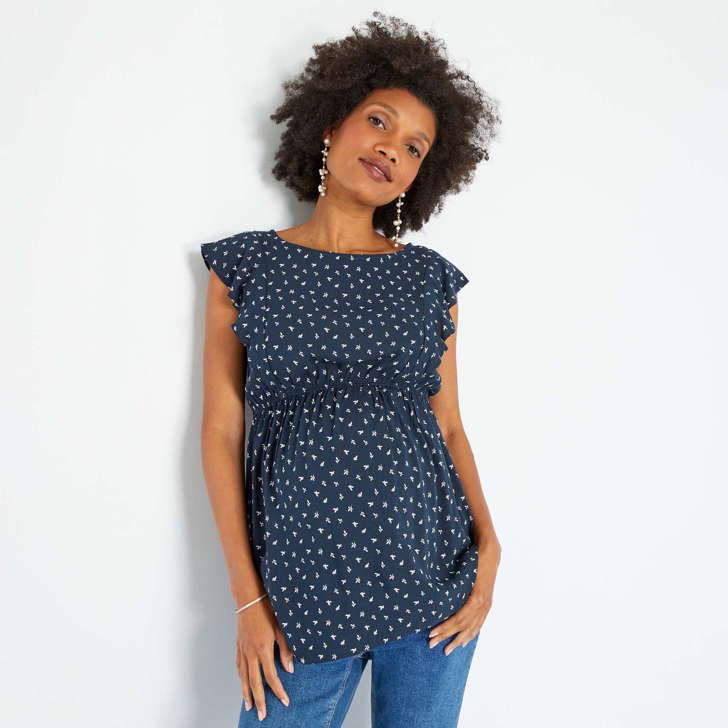 Blouse grossesse 'fleurie' col rond Bleu