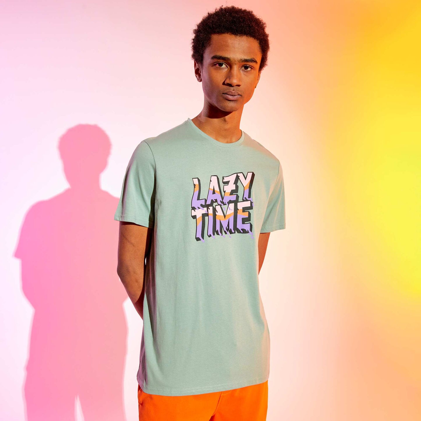 Tee-shirt message 'lazy time' Bleu vert